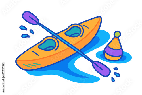 Bright orange kayak with paddle and colorful buoy floating on blue water surface