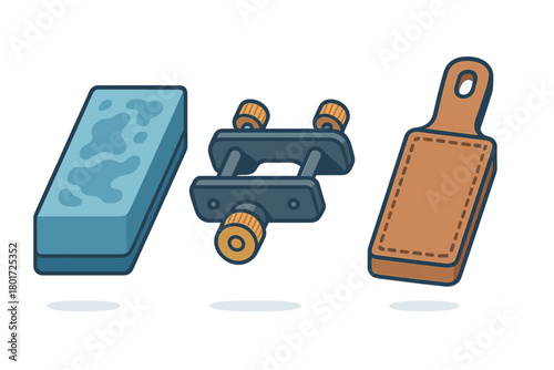 Essential set of woodworking and knife maintenance tools featuring a sharpening stone, guide, and leather strop