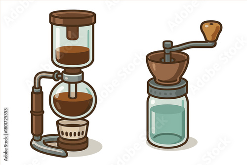 Classic coffee siphon brewer and manual bean grinder set for home preparation