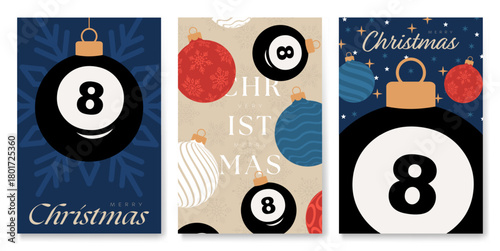 billiard Christmas and New Year cards. Set of modern Christmas posters. Flat xmas design for xmas party invitation. Vector illustration Minimal art banner, poster, cover templates