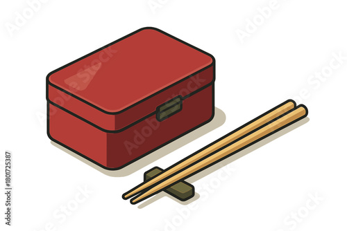 Red bento lunch box and wooden chopsticks on a rest in isometric view