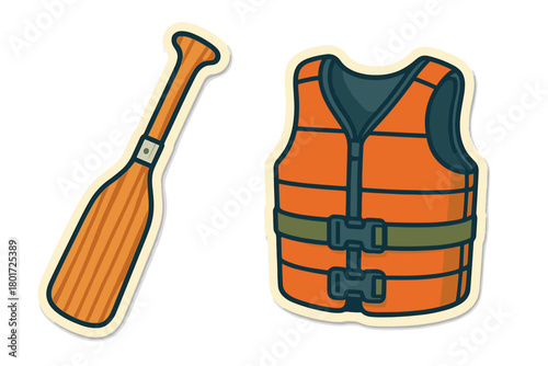 Bright orange life vest and wooden paddle set for water safety and recreation