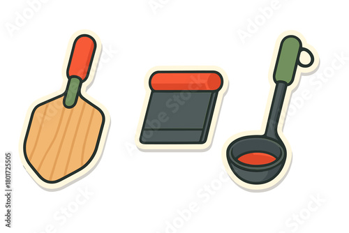 Collection of three essential kitchen tools: pizza paddle, dough cutter, and soup ladle