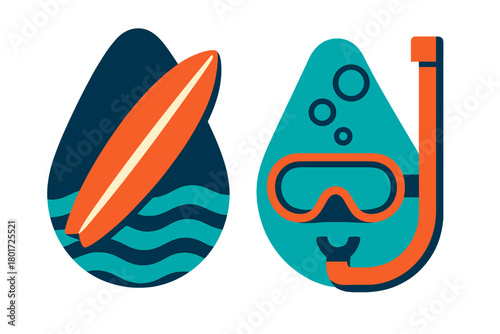 Surfing board on ocean waves and snorkeling gear for summer water sports activities