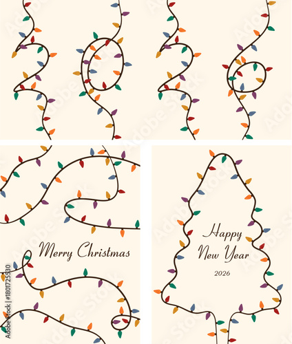 Festive winter holiday card with glowing garland, Merry Christmas and Happy New Year 2026. outline with glowing garland