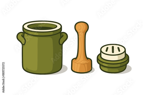 Traditional ceramic fermentation crock set with wooden masher and pressing weight