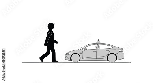 Silhouette of a person walking next to a futuristic autonomous self driving car with sensors