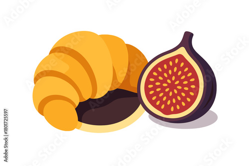 Freshly baked golden croissant and a ripe fig cut open showing the red pulp and seeds