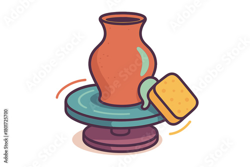 Shaping a ceramic clay pot on a spinning potter's wheel using a wet sponge