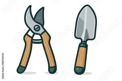 Essential gardening tools set with metal pruners and small hand shovel