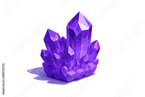 Cluster of vibrant purple amethyst crystal formations isolated on white
