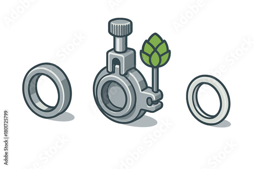 Isometric stainless steel brewing clamp assembly with hop cone and gaskets