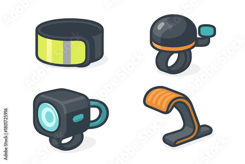 Isometric set of bicycle safety accessories icons