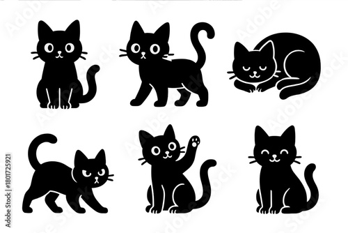 Six stylized black cat silhouettes in various common poses
