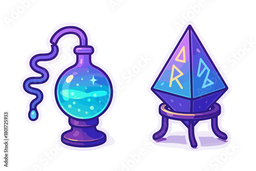 Magic potion flask and glowing rune crystal on stand sticker set