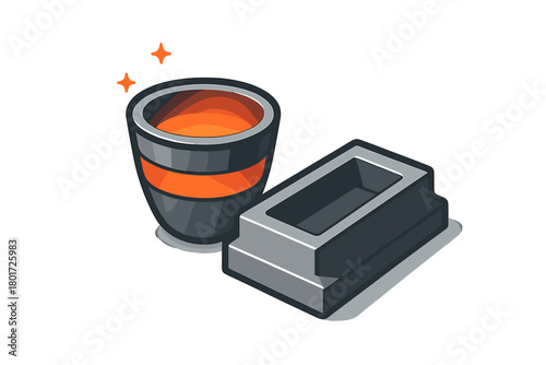 Molten metal crucible and ingot mold in isometric view