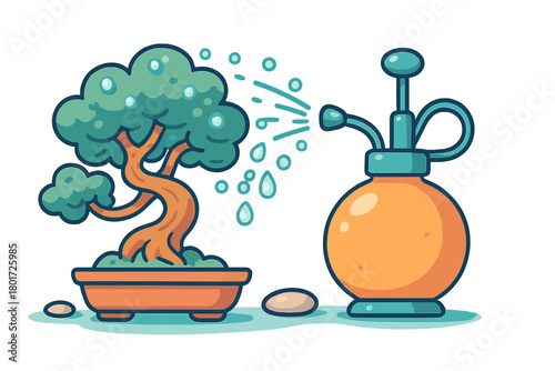 Stylized bonsai tree receiving water from small orange sprayer