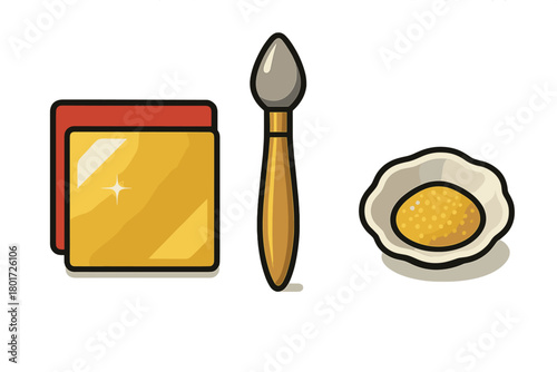 Set of simple icons featuring fried egg, paint block, and artist brush