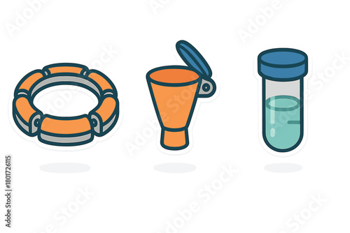 Safety and laboratory equipment icons presented as colorful stickers