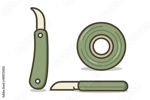Grafting knife and roll of green sealing tape for garden plant propagation