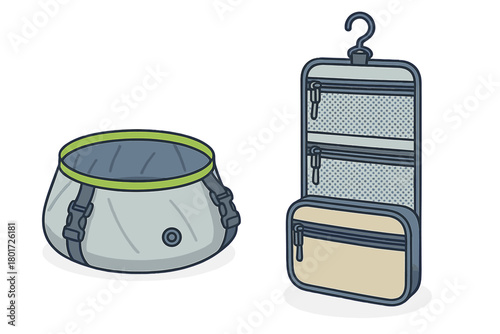 Collapsible camping basin and hanging toiletry bag set