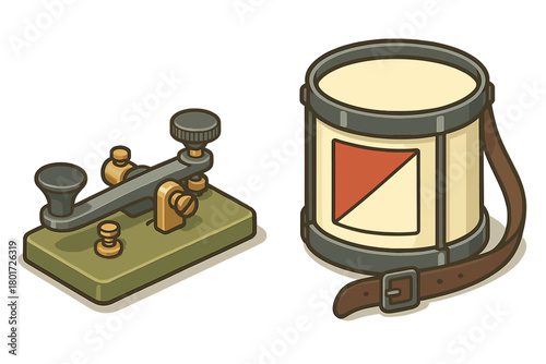 Isometric vintage telegraph key and signal flare container with strap