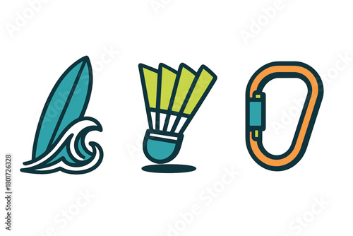 Set of three icons: surfboard, badminton shuttlecock, and climbing carabiner