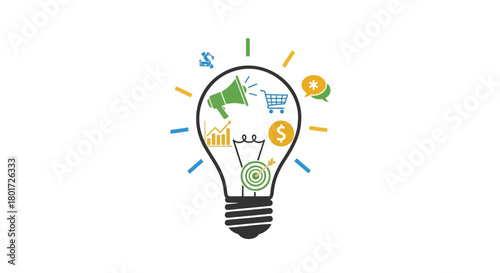 Bright light bulb filled with global business icons representing innovation and marketing ideas