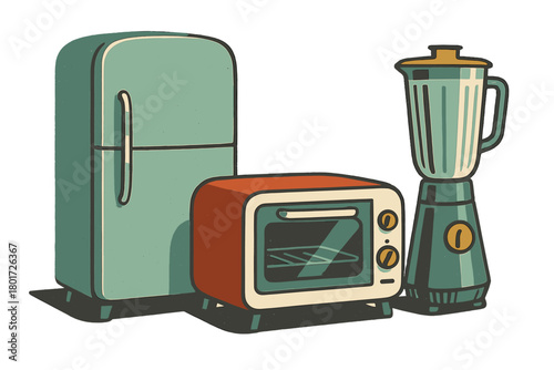 Group of retro kitchen appliances including refrigerator toaster oven and blender