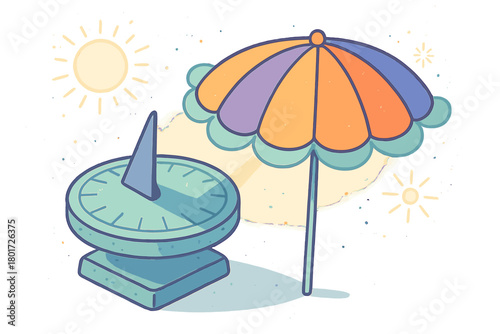 Isometric sundial and colorful beach umbrella under bright sun