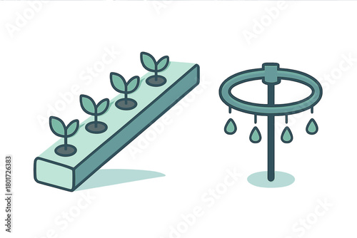 Hydroponic system with seedlings and drip irrigation graphic element