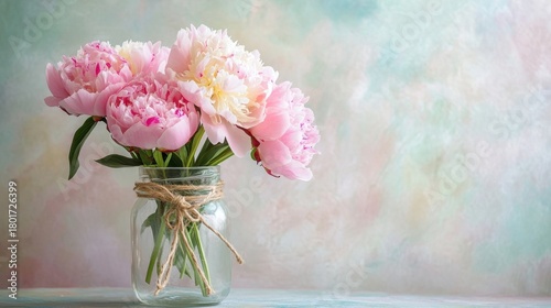 Pink Peonies in Glass Jar Spring Blooms.