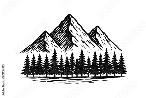 Rugged mountain range with dense pine forest landscape scene
