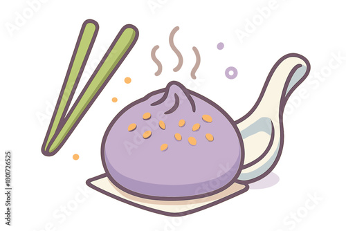 Steaming purple bun with sesame seeds served with chopsticks and spoon