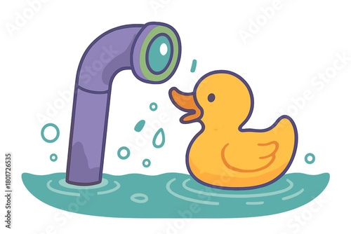 Yellow rubber duck toy floating near purple shower head in water