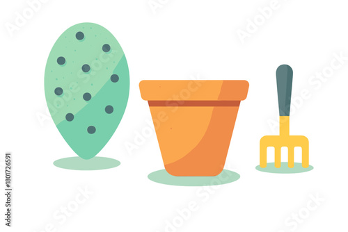 Cactus in Terracotta Pot with Small Garden Cultivator Tools