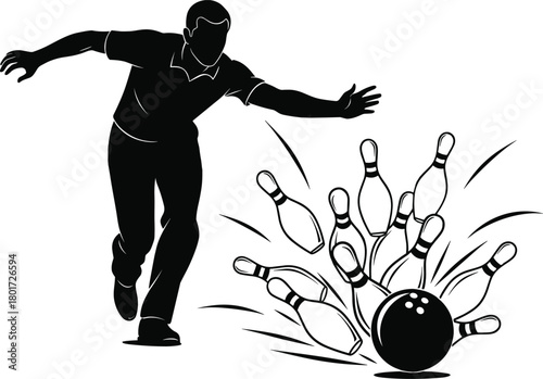 Silhouette of a bowler throwing a ball at pins bowling, bowling, bowler, ball, pins, strike, action, sport, game, recreation, silhouette, black and white, motion, dynamic, impact, competition, leisure