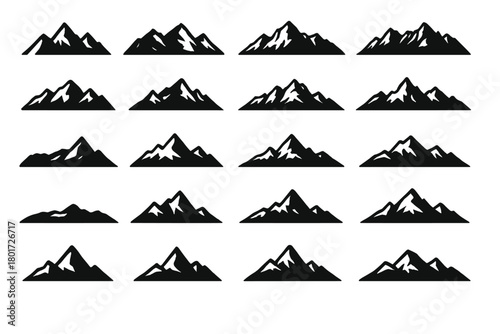 Stylized black and white mountain range silhouettes collection