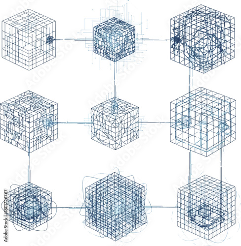 Isolated a kinds of deferent Wireframe cube in differenr resolution . Connection Structure. Futuristic digital technology. vector art with white background.