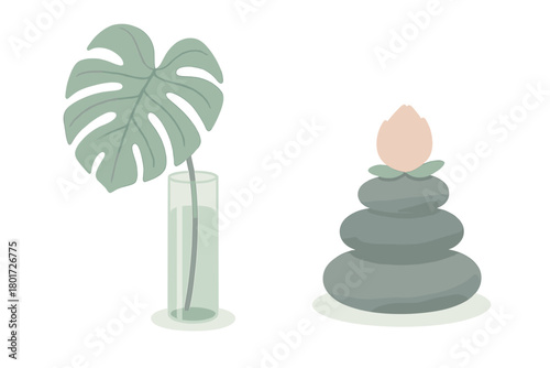 Balanced gray spa stones with pink lotus flower and monstera leaf
