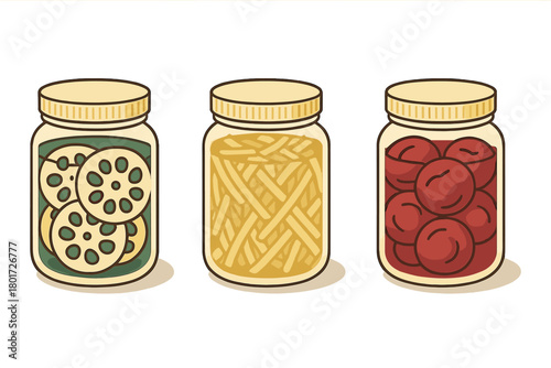 Three glass jars with assorted Asian preserved vegetables and fruits