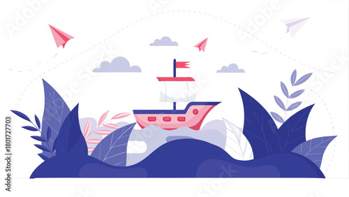 Dreamy vector art depicting a stylized ship sailing through a serene ocean with a soft ethereal atmosphere and vibrant color palette perfect for fantasy or travel themes