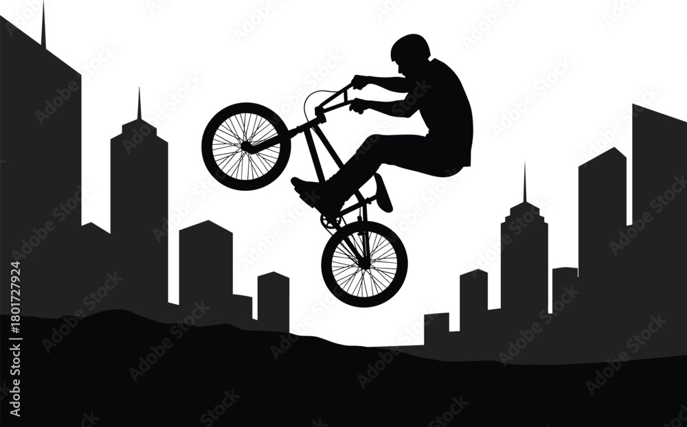 Fototapeta premium Silhouette of B M X rider performing trick against cityscape, bmx, bicycle, rider, silhouette, trick, jump, action, sport, extreme, urban, cityscape, buildings, skyscrapers, black, white, graphic, ill
