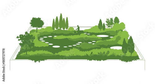 Whimsical illustration of a lush green garden landscape with stepping stones and a solitary figure