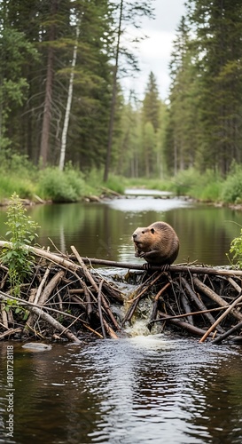 Beaver perched on dam in serene forest stream, nature wildlife scene.