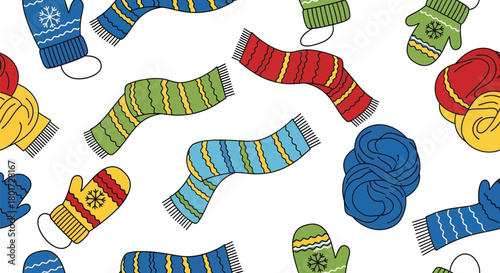 Colorful winter mittens and scarves seamless pattern isolated on white background