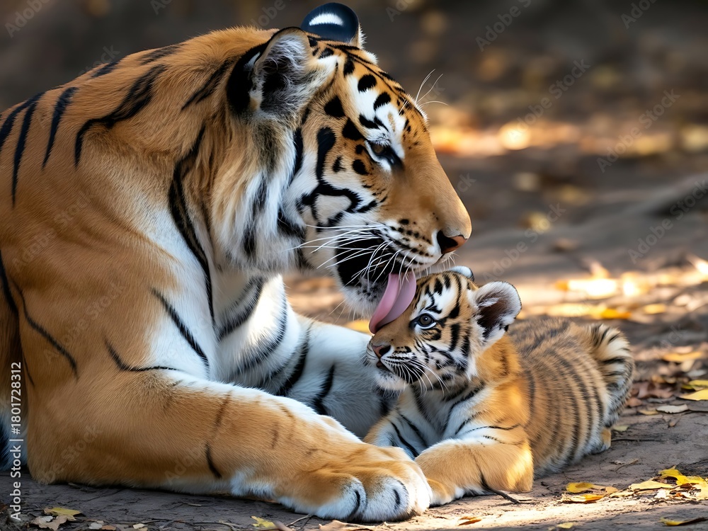 Fototapeta premium Mother Tiger Licking Her Cub