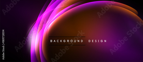 Abstract design features vibrant curves, gradients. Purple, orange hues dominate dark background. Text reads background design.