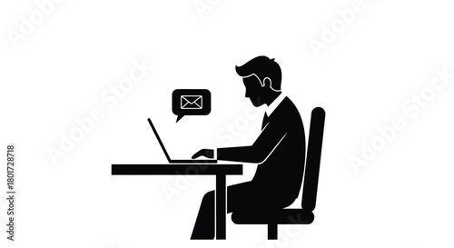 Silhouette of a businessman working on a laptop at a desk with a loading icon in a speech bubble
