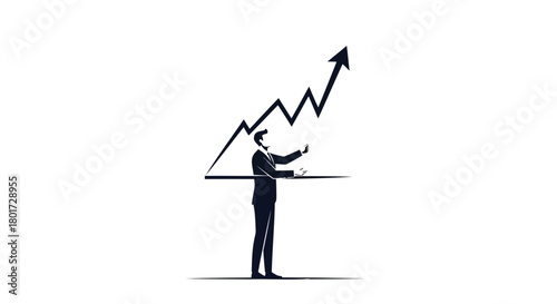 Silhouette of a businessman analyzing upward trending financial graph on a white background symbolizing success